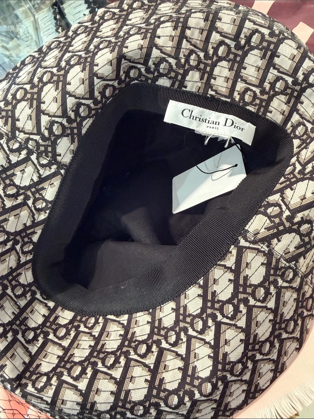 Dior Classic Wide-Brim Bucket Hat with Decorative Veil in Black and Tan